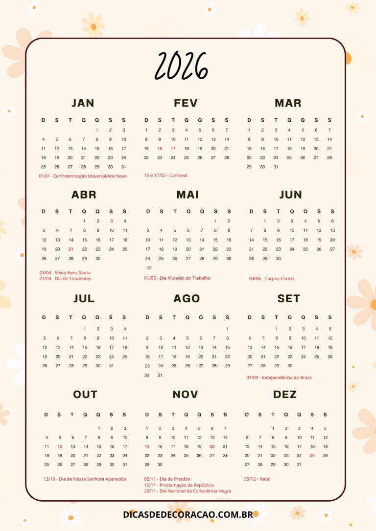 13 Calendários de 2026 com Feriados para imprimir – Dicas de Decoração