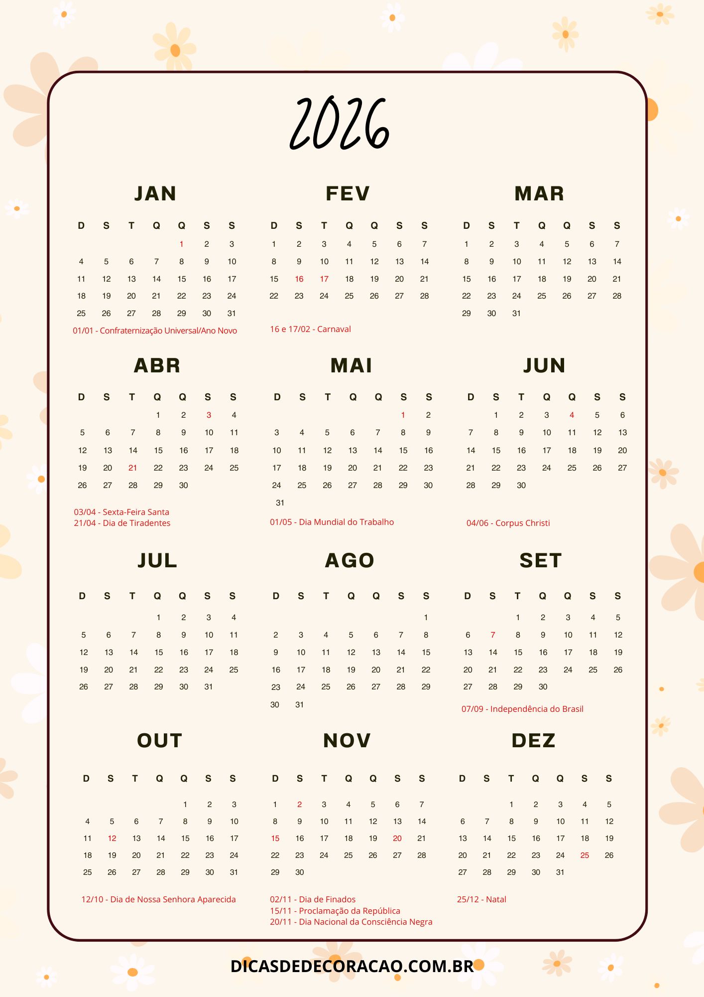 13 Calendários de 2026 com Feriados para imprimir – Dicas de Decoração