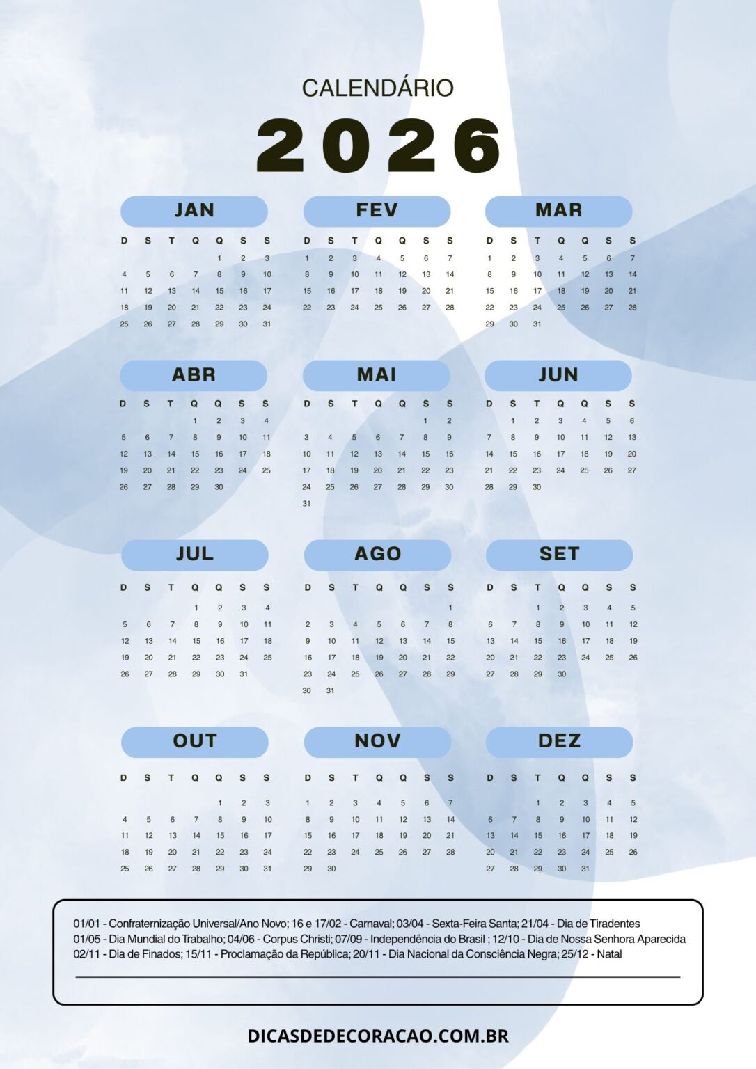 13 Calendários de 2026 com Feriados para imprimir – Dicas de Decoração