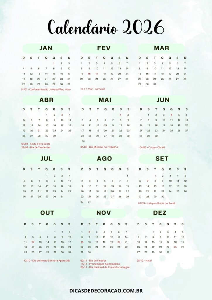 13 Calendários de 2026 com Feriados para imprimir – Dicas de Decoração