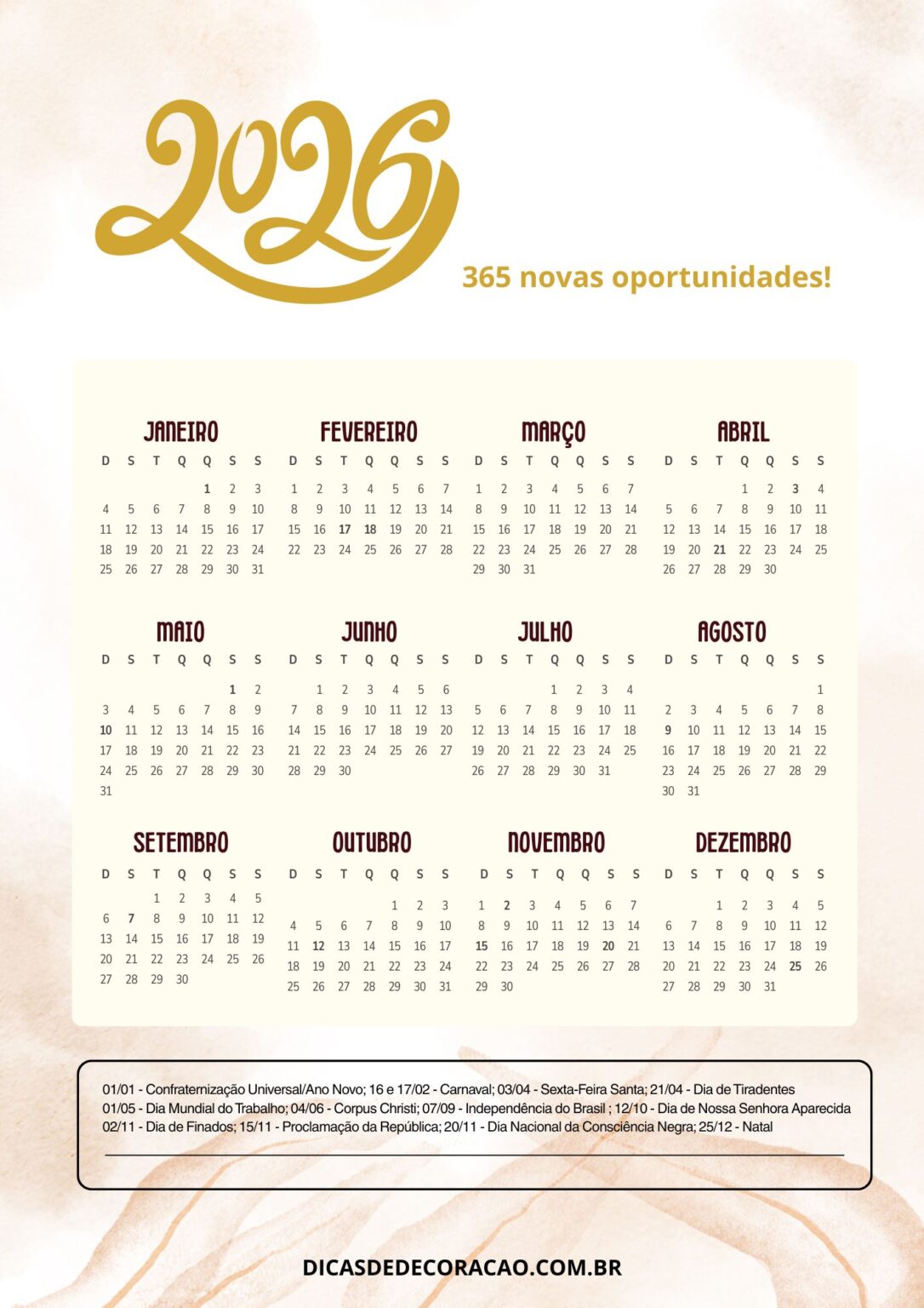 13 Calendários de 2026 com Feriados para imprimir – Dicas de Decoração