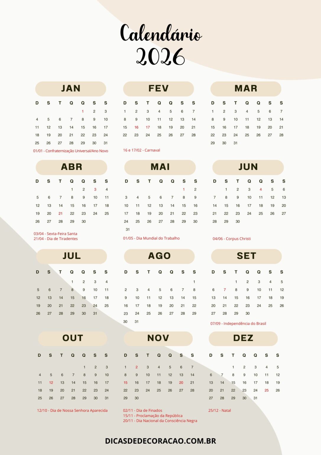13 Calendários de 2026 com Feriados para imprimir – Dicas de Decoração