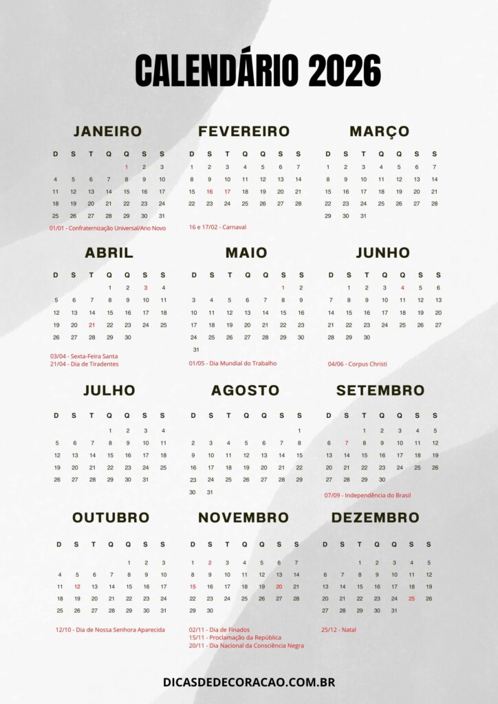 13 Calendários de 2026 com Feriados para imprimir – Dicas de Decoração